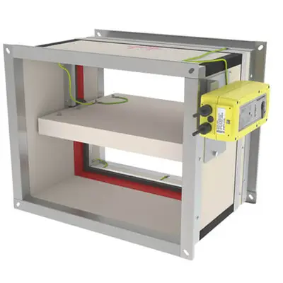 Explosion protected fire damper for use in zone 1,2 (gas) and zone 21,22 (combustible dust).